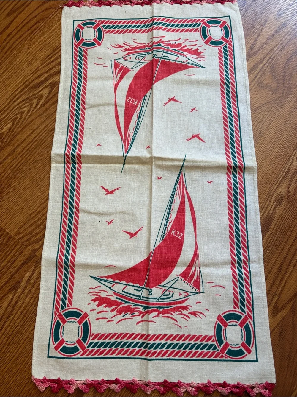 Vintage-Inspired Nautical Cotton Kitchen Towel - Red handmade edge
